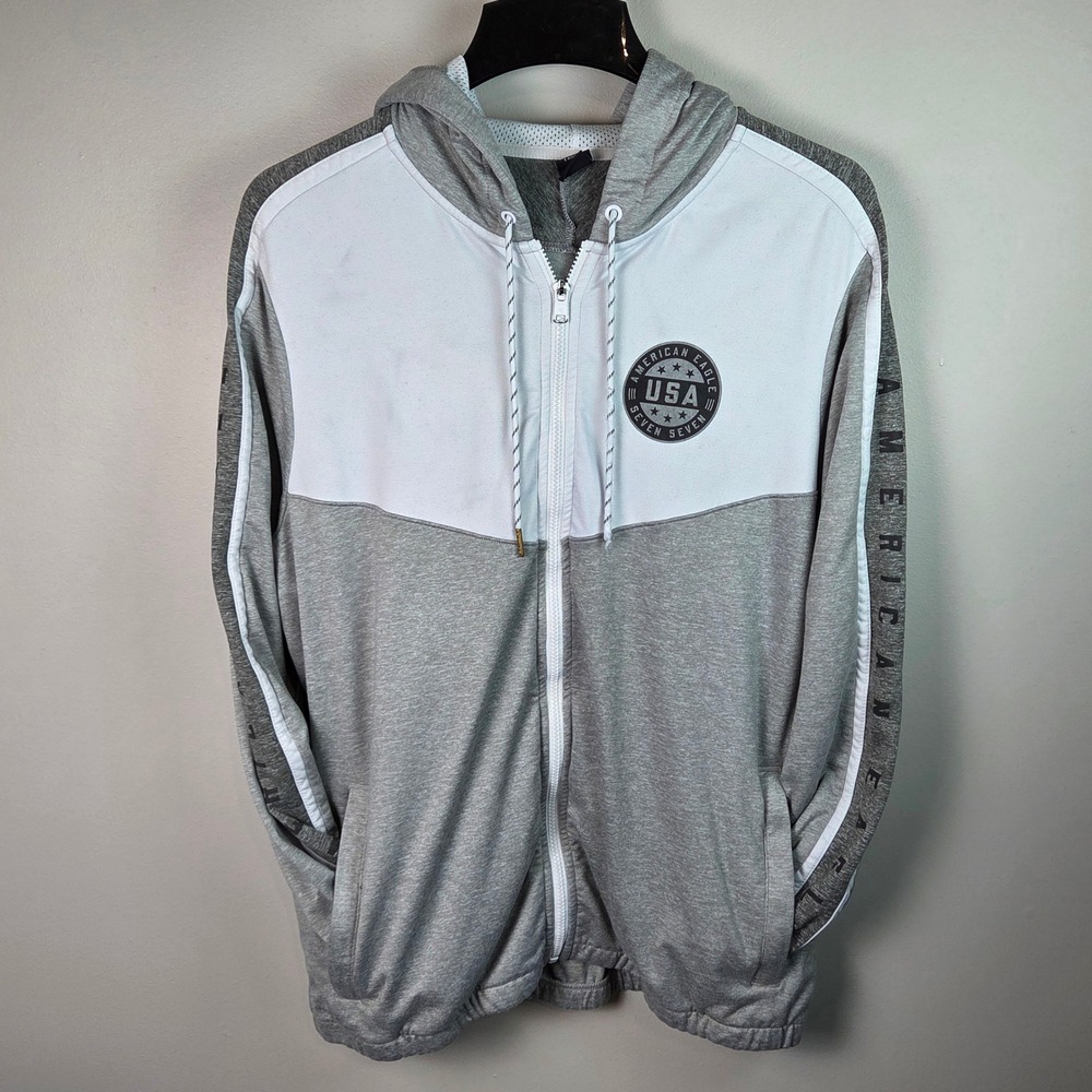 American Eagle Zip Hoodie Mens Large Grey White USA Graphic Active Sweatshirt